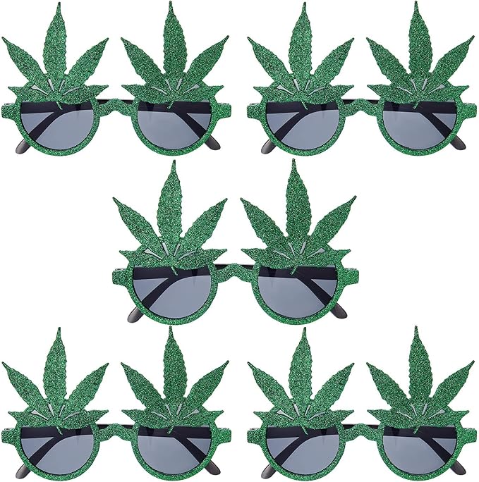 5 Pairs Marijuana Glasses Glittered Weed Glasses Pot Leaf Round Lens Sunglasses for Halloween Costume Green