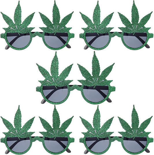 5 Pairs Marijuana Glasses Glittered Weed Glasses Pot Leaf Round Lens Sunglasses for Halloween Costume Green