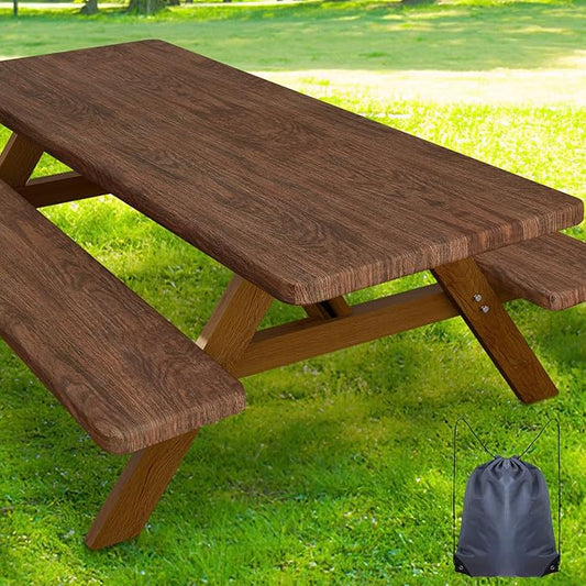 Smiry Picnic Table Cover with Bench Covers, Waterproof Elastic Fitted Tablecloth for 8 Foot Tables, Washable Polyester Tablecloths for Camping, Indoor & Outdoor (Brown, 30x96 Inch 3-pc Set)