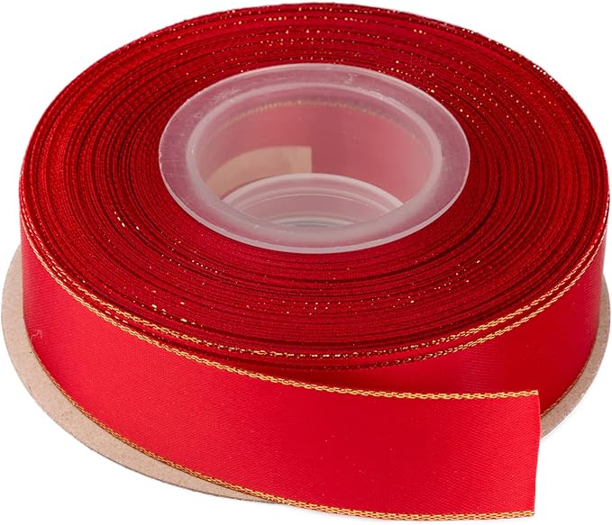 1" Double Face Satin Ribbon with Gold Edge 25 Yards (250-Red), Perfect for Gift Wrapping, Party Decor, Wedding and Craft