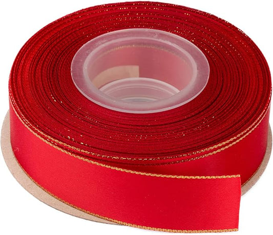 1" Double Face Satin Ribbon with Gold Edge 25 Yards (250-Red), Perfect for Gift Wrapping, Party Decor, Wedding and Craft