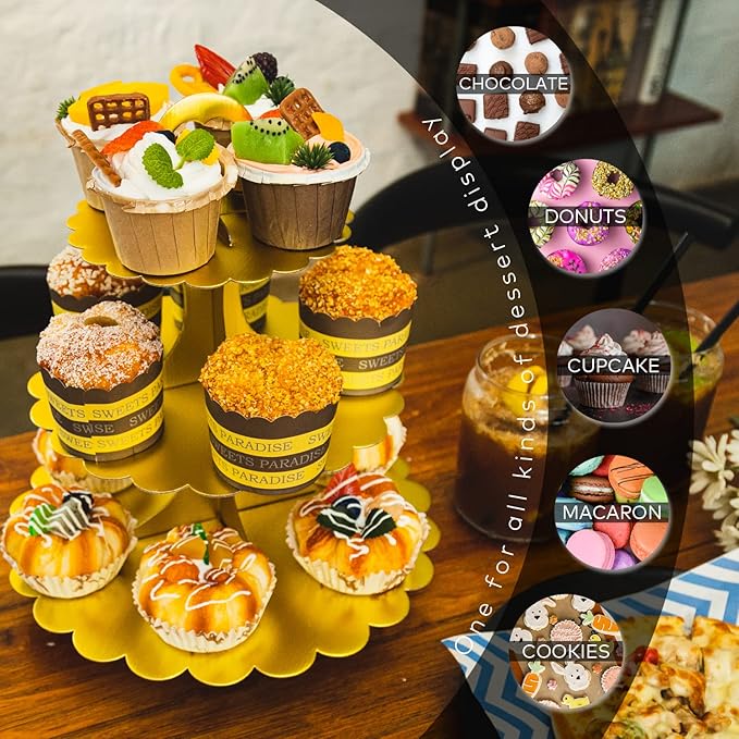 Matte Gold Cupcake Stand, 3-Tier Heart Handle Cardboard Dessert Display Tower, Perfect for Wedding Birthday Party Decorations (2-Pack)