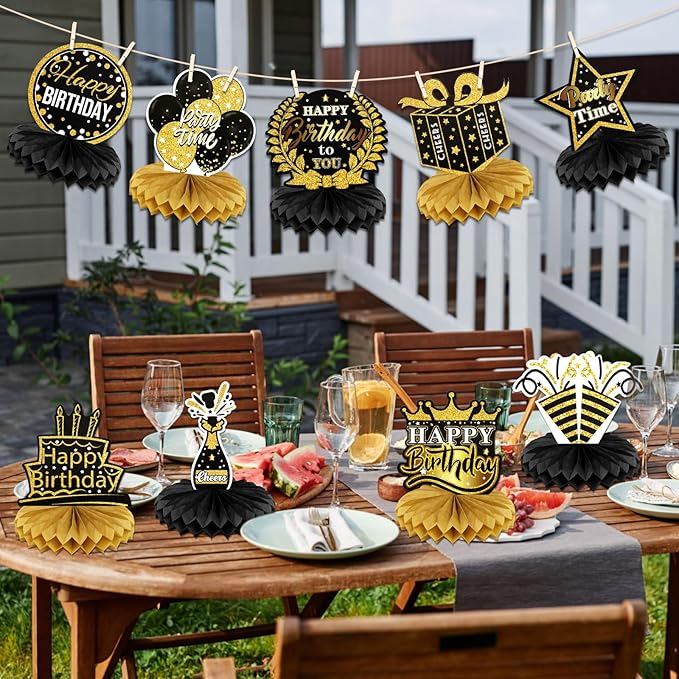 9 PCS Happy Birthday Party Table Decorations | Black and Gold Birthday Center Pieces for Table | Birthday Honeycomb Table Centerpieces | Reusable Birthday Table Toppers for Girls Boys Women Men