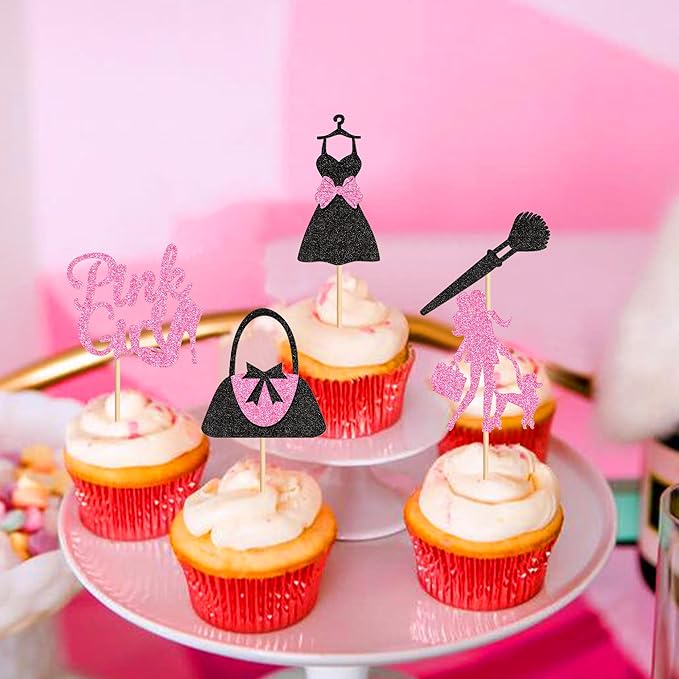 Ercadio 24Pcs Shopping Cupcake Toppers Pink Girl Cupcake Picks Handbag High Heels Dress Food Picks for Fashion Girl Women Birthday Bridal Bachelorette Shopping Party Decorations Supplies