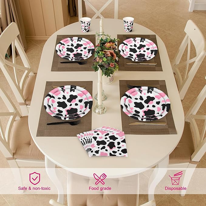 Kochorie 144 Pieces Pink Cow Print Party Supplies, Cowgirl Pink Cow Tableware Sets Including Disposable Paper Plates Napkins Cups Forks Serves 24 for Baby Shower Birthday Party Decorations
