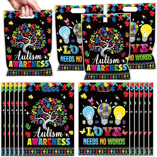 Falueqg Autism Awareness Party Favor Bags - 50 Pcs Autism Awareness Goodie Candy Gift Bags Puzzle Piece Tree Party Favors for Love Needs No Words April Festival Decorations