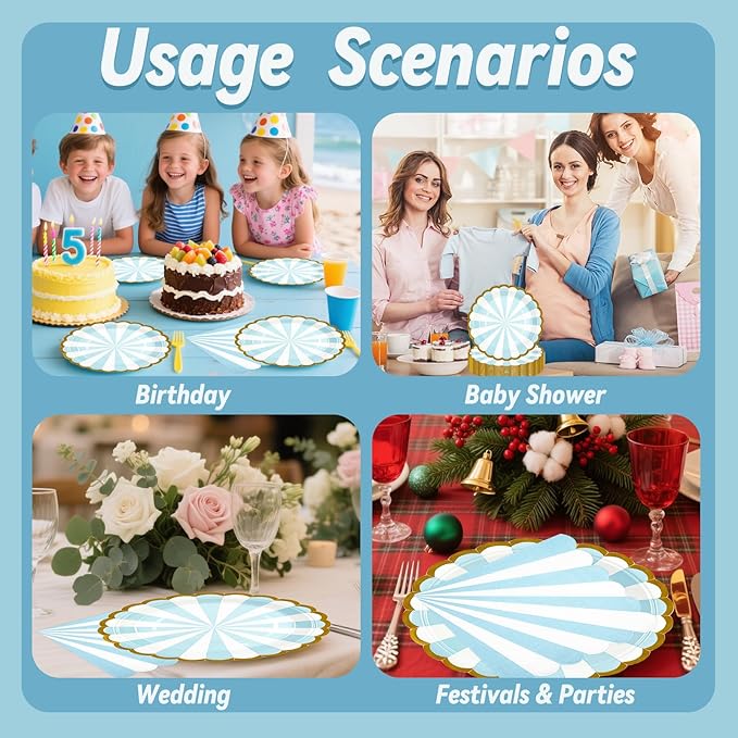 50PCS Blue Striped Paper Plates and Napkins Party Supplies, 7 inch Disposable Gold Foil Scalloped Dessert Plate Party Tableware Set for Birthday Wedding Bachelorette Baby/ Bridal Shower Decorations