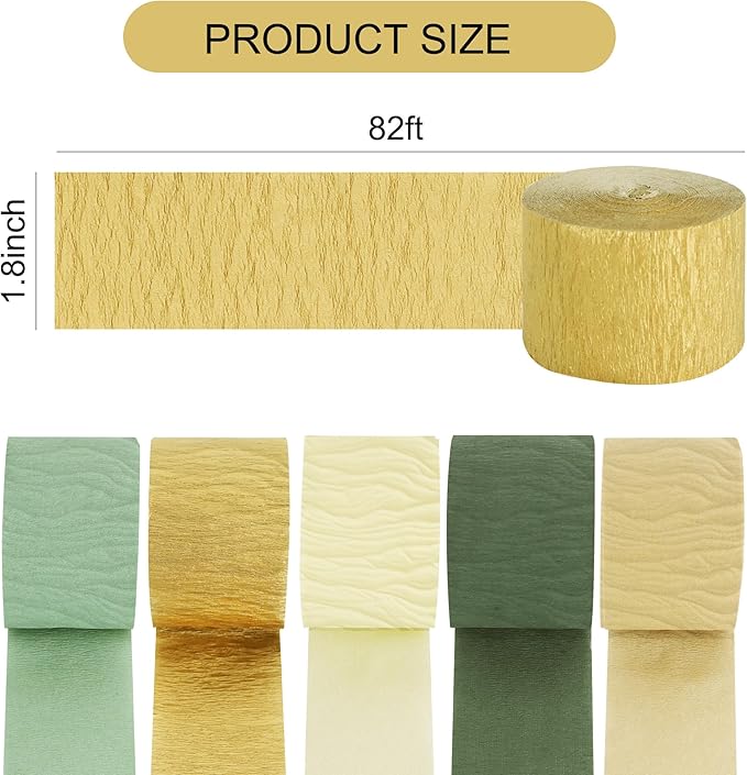 BEISHIDA 8 Rolls Sage Green Khaki and Gold Crepe Paper Streamers for Boho Theme Party Decorations Wedding Birthday Baby Shower DIY Craft Paper(1.8 Inch x 82 Ft/Roll)