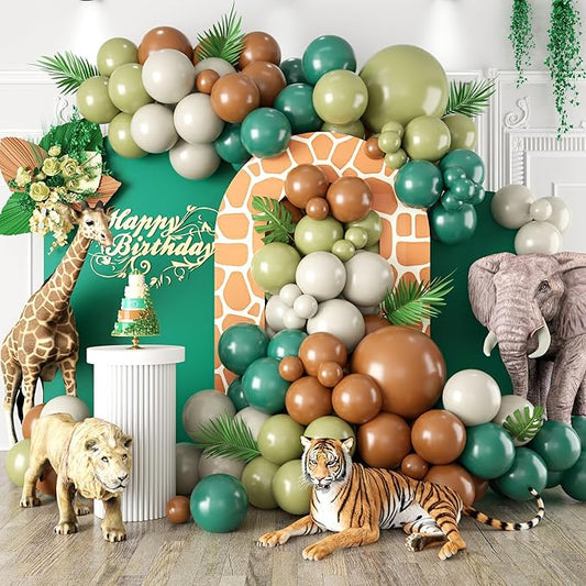 Sage Green Brown Balloon Garland Kit, 105PCS Jungle Safari with Sand White Latex Balloons, Arch for Boys Birthday Kids Party Decorations