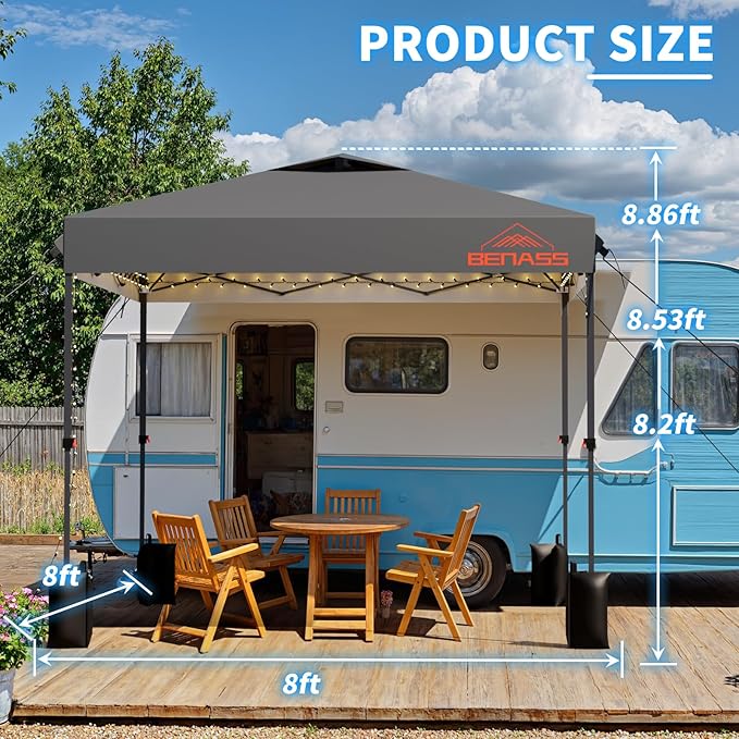 8x8 Pop Up Canopy, Easy Up Canopy Tent, Heavy Duty Tents for Parties, One Person Set Up Event Tent, Light Gray