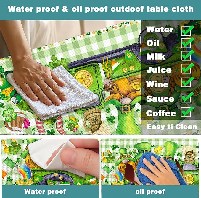St. Patrick's Day Picnic Table Cover with Bench Covers, Camping Essentials, Plaid Truck Gnomes Clover Outdoor Table Covers, Waterproof, Fitted Tablecloth Cover with Elastic Edge, 3 PCS, 30x96 Inch