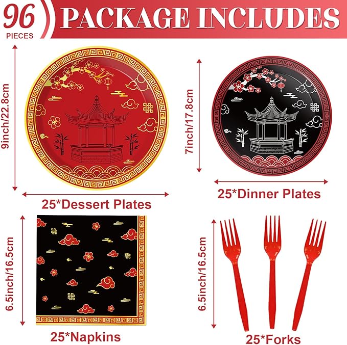 Qyeahkj 100 Pcs Hibachi Party Supplies Paper Plates and Napkins Set Disposable Japanese Tableware Decorations for Spring Festival Japanese Hibachi Theme Chinese Party Favor Baby Shower Serve 25 Guests