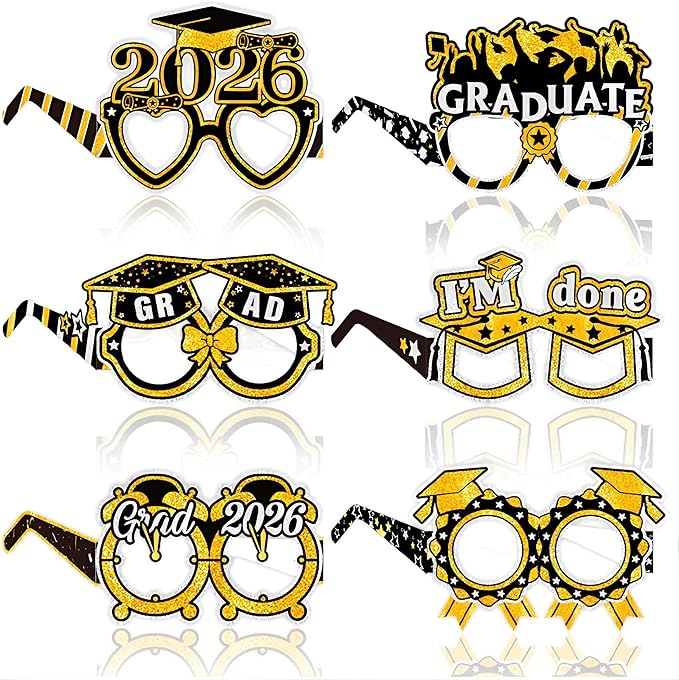 2026 Graduation Party Decorations Glasses, 12 Pcs Class of 2026 Grad Party Eyeglasses Photo Props, Graduation Photo Booth Props for Women Men College Graduation Favors Supplies (Gold)