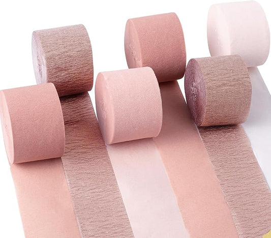 Crepe Paper Streamers 6 Rolls 492ft,Pack of Metallic Rose Gold Pink Dusty Pink Streamers Party Decorations,Crepe Paper Roll for Birthday,Wedding,Decorations (1.8 Inch x 82 Ft/Roll)