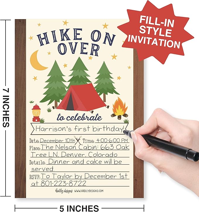 Hadley Designs Kids Birthday Invitations For Boys Camping Theme - 25 Camp Out Birthday Party Invitations For Boys, Camping Invites For Boy, Cute Outdoor Party Supplies, Made In USA