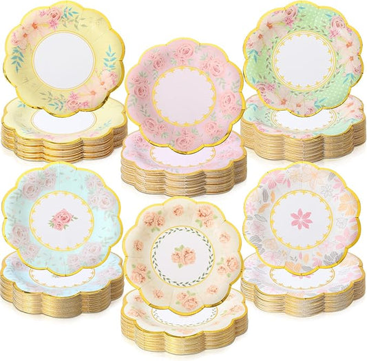 Maxcheck 216 Pcs 6 Inch Floral Paper Plates Flower Plates with Gold Rim Disposable Plates for Tea Party Decorations Birthday Baby Shower Wedding Bridal Supplies