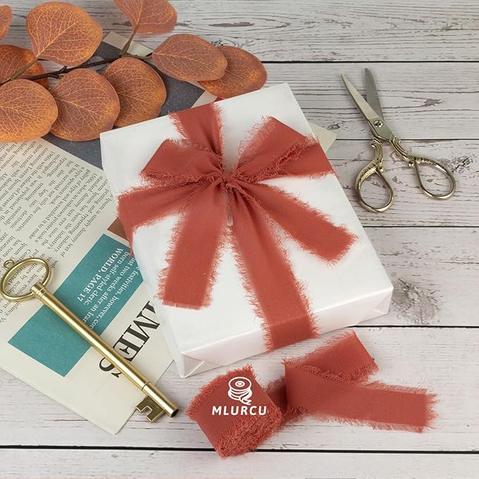 Rust Chiffon Ribbon - 1 Inch x 21 Yards, Handmade Fringe, Silk, Boho Frayed Ribbon for Gift Wrapping, Wedding Invitation, Bridal Flower Bouquets