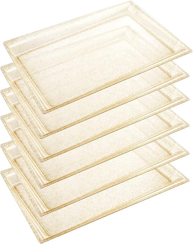 I00000 6 Pack Gold Glitter Plastic Serving Tray, 15" x 10" Crooked Food Trays, Clear Disposable Serving Platter for Parties, Weddings