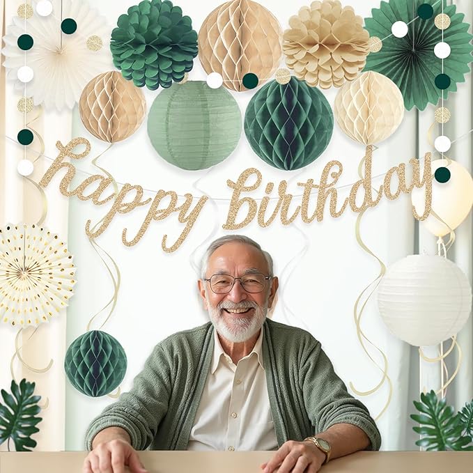 Sage Green Happy Birthday Decorations for Women, Pre-Strung Happy Birthday Banner with Honeycomb Balls, Paper Flowers, Lanterns, Hanging Swirls, Circle Dots Garland for Party Decor 24pcs