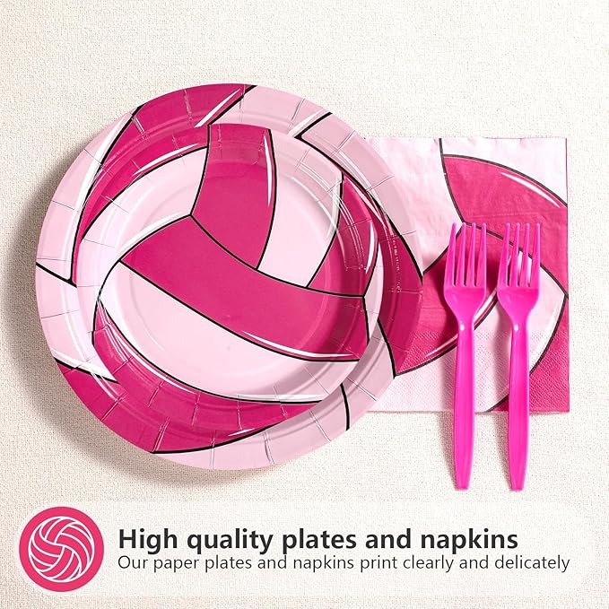Grencian 96Pcs Pink Volleyball Party Supplies Volleyballs Paper Plates and Napkins Sports Birthday Party Disposable Tableware for Girl Volleyball Birthday Decorations Serves 24