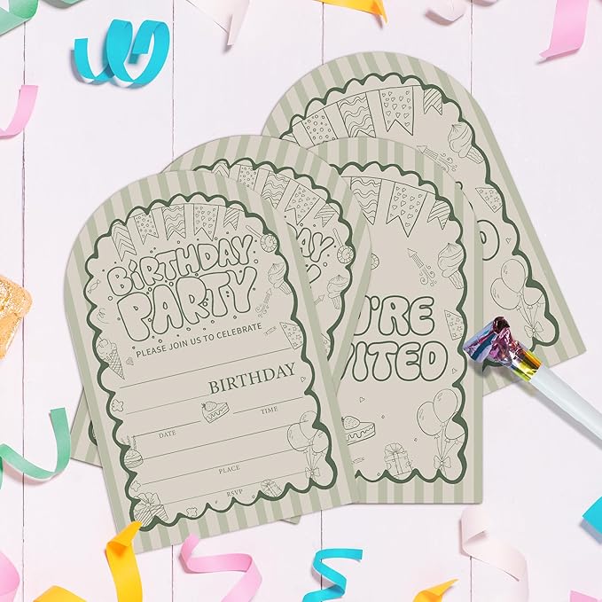 Retro Birthday Party Invitations, Green Retro Wave Theme Birthday Invitation for Boys Girls, 20 fill in Invitations Cards with Envelopes, Party Decorations Supplies (arch)