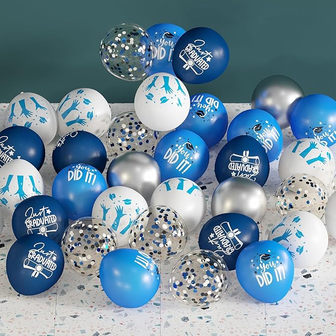 2026 Graduation Party Decorations, 70pcs Grad Balloons Blue and White Graduation Decor for College High School Class of 2026 Congrats Grad Party Decor