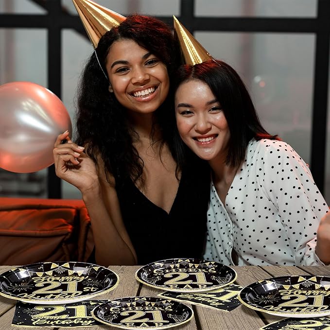 96 Pcs 21st Birthday Party Supplies 350 GSM Black and Gold Happy 21st Birthday Plates and Napkins Disposable Cheers to 21 Years Paper Tableware Set 21st Birthday Decorations for Him Men Serves 24