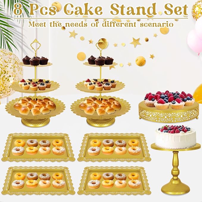 Fivenl 8 Pcs Cake Stand Gold Metal Dessert Table Display Set, 3-Tier Cupcake Stand, Cake Display Tower and Cookie Tray Rack Serving Tray for Birthday Party, Weddings, Baby Shower (Gold)