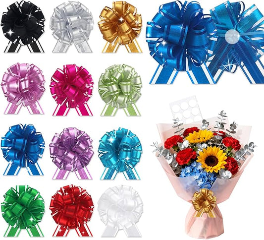 OULOVECO 12 pcs Pull Bow Ribbon for Gift Baskets Warpping Xmas Gift Bow Party Adhesive Bright Mix Colors Warp Bows for Christmas Wine Bottles Bouquet Boxes Flower Valentine's Day (12Pcs-Mix colors)