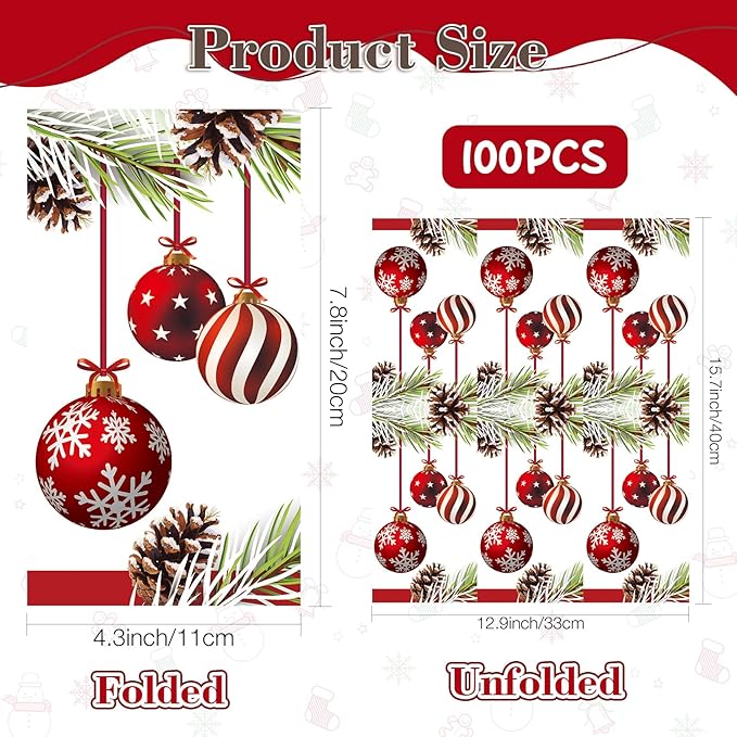 Christmas Guest Napkins Disposable, 100 Pcs Christmas Ornament Paper Napkins, Decorative Cocktail Guest Paper Hand Towels for Bathroom Home Kitchen Dinner Wedding Dining Table Xmas Holiday Decoration
