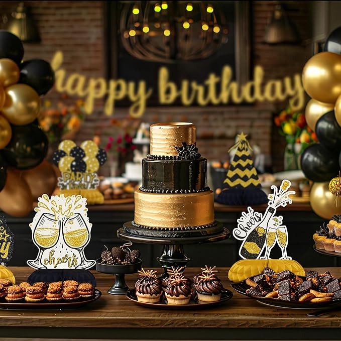 Black and Gold Birthday Decorations – 12Pcs Honeycomb Table Centerpieces, Elegant Party Table Toppers for Women, Classy Black Gold Birthday Party Supplies