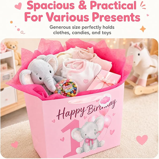 Powbrace 13" Pink Happy Birthday Gift Bag with Tissue Paper and Greeting Card for Party,Happy Birthday Gift Bag for Girls Babies,Gift Bags Medium size(1 PCS Pink Cartoon)