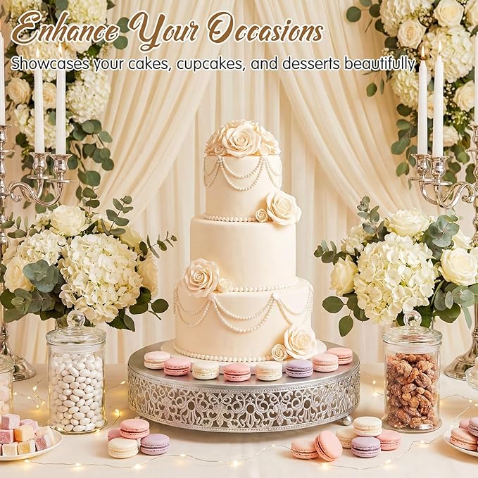 Wenqik 12 Inch Silver Cake Stand Set Metal Round Cupcake Dessert Stand with Cake Cutting, Spatula Wedding Cupcake Pastry Display Candy Holder Display for Wedding Party Birthday Baby Shower(Classic)