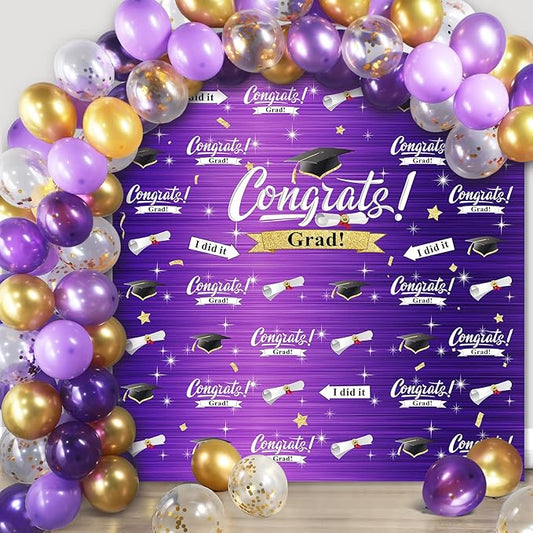 Graduation Party Decorations Including Congrats Grad Photography Backdrop Banner Balloons Garland Arch Kit for Adults Kids Grad Party Decoration Supplies (Purple and Gold)
