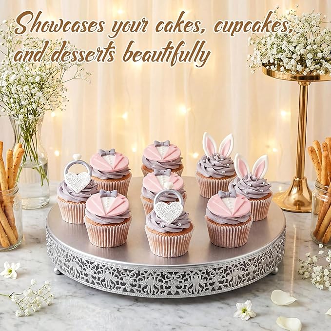 Wenqik 20 Inch Silver Cake Stand Set Metal Round Cupcake Dessert Stand with Cake Cutting, Spatula Wedding Cupcake Pastry Display Candy Holder Display for Wedding Party Birthday Baby Shower(Classic)