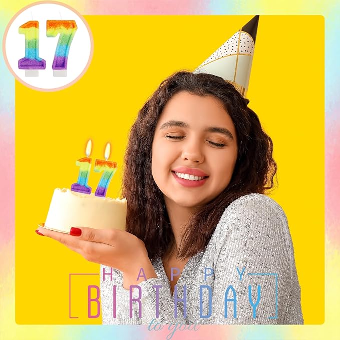 Rainbow Candles for Birthday Cakes, 17 Candles Cake Topper, Rainbow Birthday Party Decorations