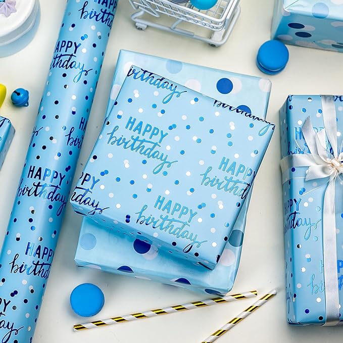MAYPLUSS Birthday Wrapping Paper Roll - 17 Inch X 16.5 Feet - Blue Glitter Happy Birthday Lettering Metallic Foil Paper Girl Gift Wrap w/Polka Dot for Party