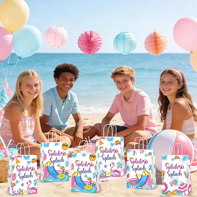 12Pcs Splish Splash Party Paper Bags Splish Splash Birthday Decorations Water Slide Kraft Gift Bags with Handles Pool Birthday Paper Candy Treat Bag for Kids Swimming Bash Hawaiian Luau Party Supplies