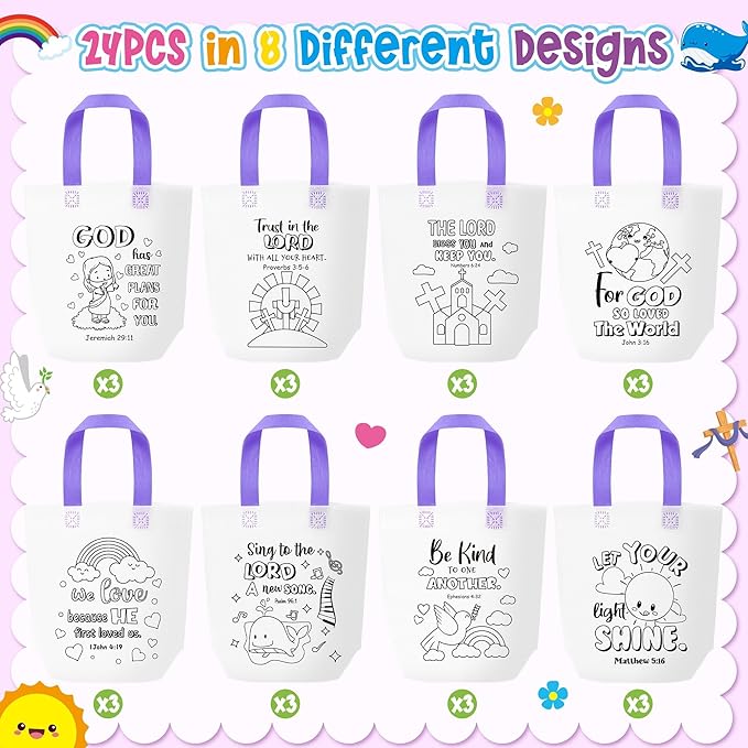 Cartoon Coloring Goodie Bags for Kids - 24Pcs Easter Religious Theme Bulk Color Your Own Gift Bags with Handle Christian Bible Reusable Non Woven Coloring Tote Packet for DIY Crafts Easter Party Favor