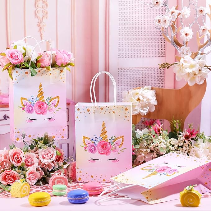 Gersoniel 16 Pcs Unicorn Party Favor Bags with Handles Unicorn Gift Goodie Treat Bags for Birthday Party Favors Supplies(8.27 x 5.9 x 3.15 Inch,For Girls)
