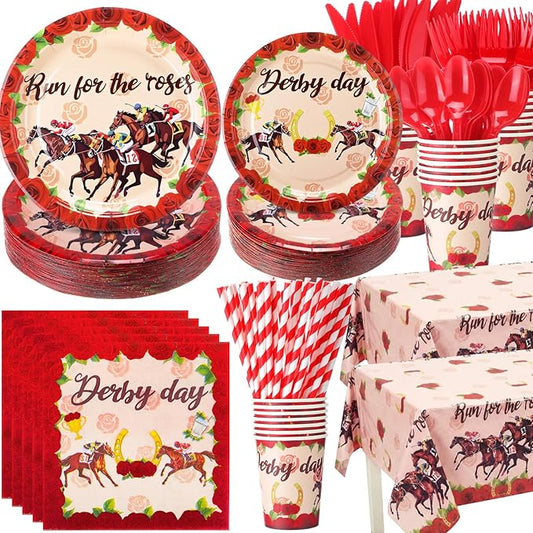 Ceenna 452 Pcs Derby Day Party Supplies for 50 Guests, Run for the Roses Derby Paper Plates Napkins Cups Tablecloth Cutlery Straw Disposable Tableware for Horse Racing Day Party Decorations