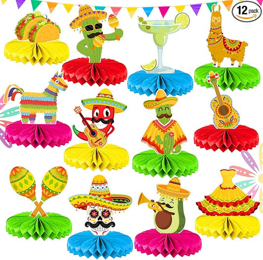 Cinco De Mayo Decoration - 12 Pack Mexican Birthday Centerpiece Honeycomb Garlands, Vibrant Taco Themed Party Supplies for Cinco de Mayo, Fiesta Party Decorations Mexican Party Decor, Taco Party Decorations