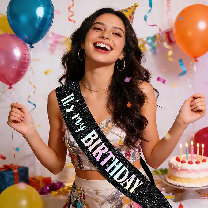 It's My Birthday Sash, Dazzle Foil Letter Glitter Black Birthday Sash for Women Men Girl Boy Kids Teenager Funny Bday Gifts Party Favors Photo Prop