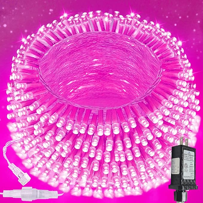 Upgraded Connectable 200 LED String Lights Indoor Outdoor, 66FT Pink Christmas Lights Waterproof, 13 Modes Twinkle Fairy Lights Plug in Clear Wire for Valentine's Day, Bedroom, Classroom Decor