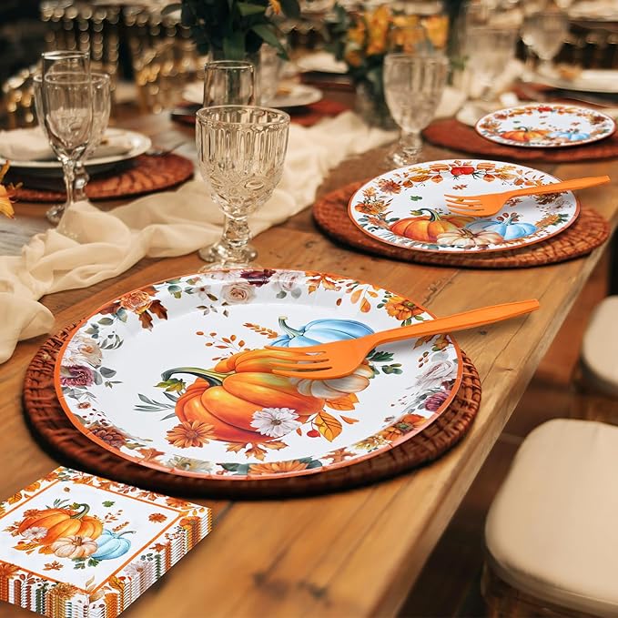 96 Pieces Thanksgiving Pumpkin Tableware Set ??Rustic Sunflower and Pumpkin Disposable Plates, Napkins, and Forks for Fall Dinners, Friendsgiving, Harvest Parties ??Serves 24 Guests