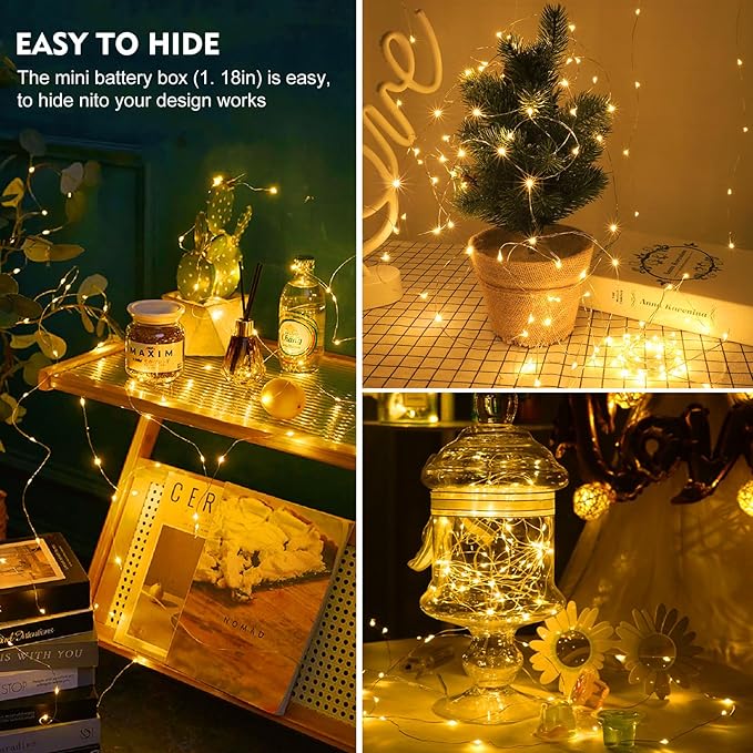 pozzolanas 50 Pack Warm White Fairy Lights Battery Operated 3 Modes 7FT 20 LED Waterproof String Lights Twinkle Silver Wire for Mason Jars Wedding Christmas Halloween Party Decor (50, Warm White)