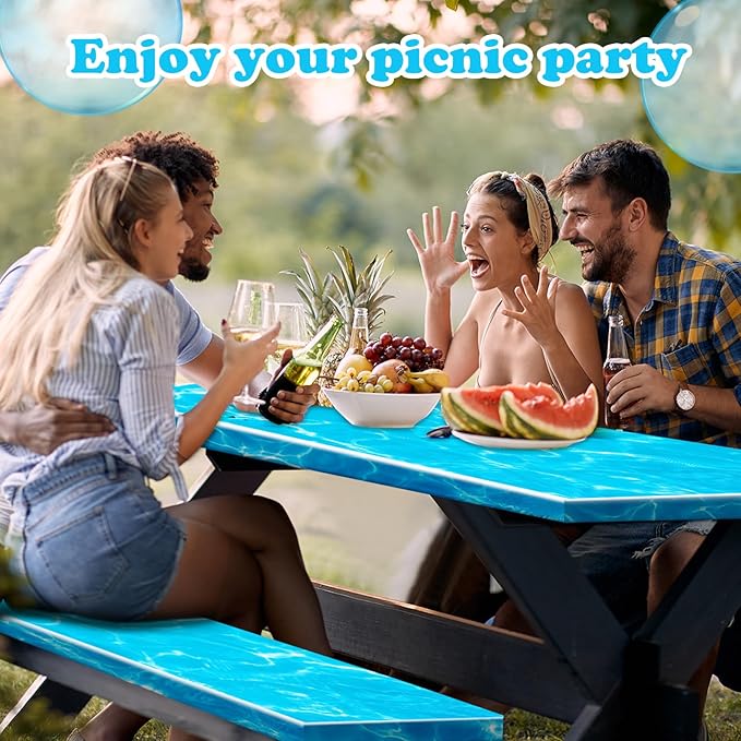 Boao 3 Pcs Vinyl Picnic Table Cover with Bench Cover 6 ft 30 x 72 Inch Waterproof Fitted Tablecloth Flannel Backing Rectangular Elastic Edged for Camping Outdoor Patio Travel(Seawater)