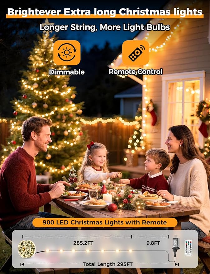 Brightever LED Christmas Tree Lights - 900 Bulbs 295FT, Plug-in Outside Christmas Light with Remote, 8 Lighting Modes, 3 Timers, Dimmable, LED Light Decor for Xmas Tree, Car, Fence (Warm White)