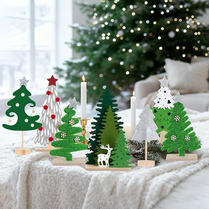 SUNBEAUTY Christmas Table Decorations 7PCS Mini Christmas Trees Felt Centerpieces for Table Decoration with Wooden Base Christmas Tabletop Home Holiday Xmas Party Decor