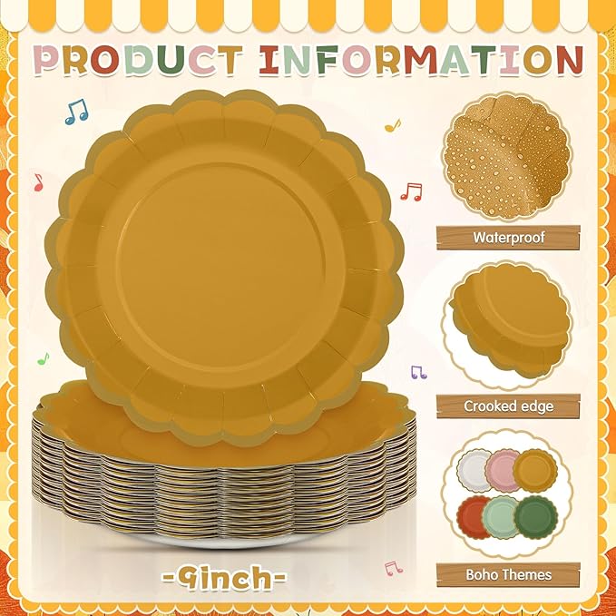 96 Pcs Colorful Paper Plates 9 Inch Boho Scalloped Paper Disposable Dinner Dessert Plates for Birthday Wedding Bridal Party Supplies, 6 Colors